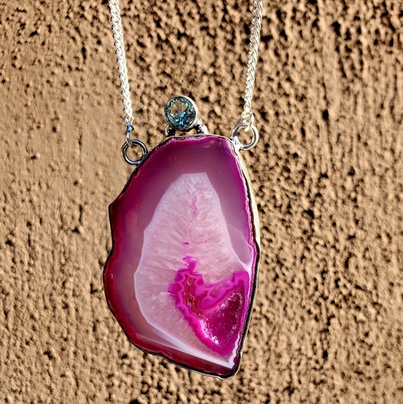 New Pink Agate Druzy & Apatite 925 Silver Necklace. - Picture 15 of 15